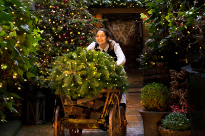 Woman pushing a wooden cart with a Christmas tree on it at The Witchery