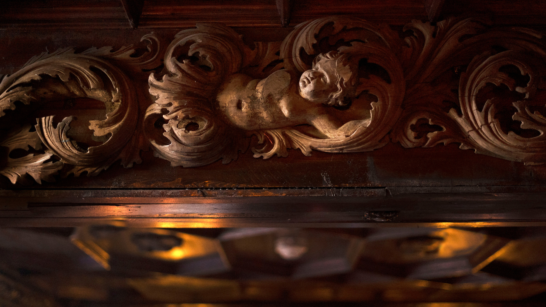 Wood carving of a Cherub found at The Witchery in Edinburgh