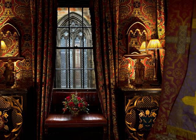 Ornate Drapes and wallpaper in THE VESTRY Gothic Hotel Suite, with window overlooking the Edinburgh Royal Mile