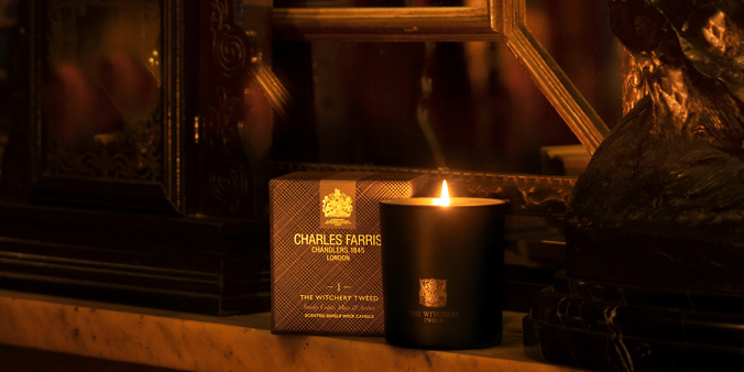 Bespoke Candle sat on a marble fireplace at The Witchery Hotel